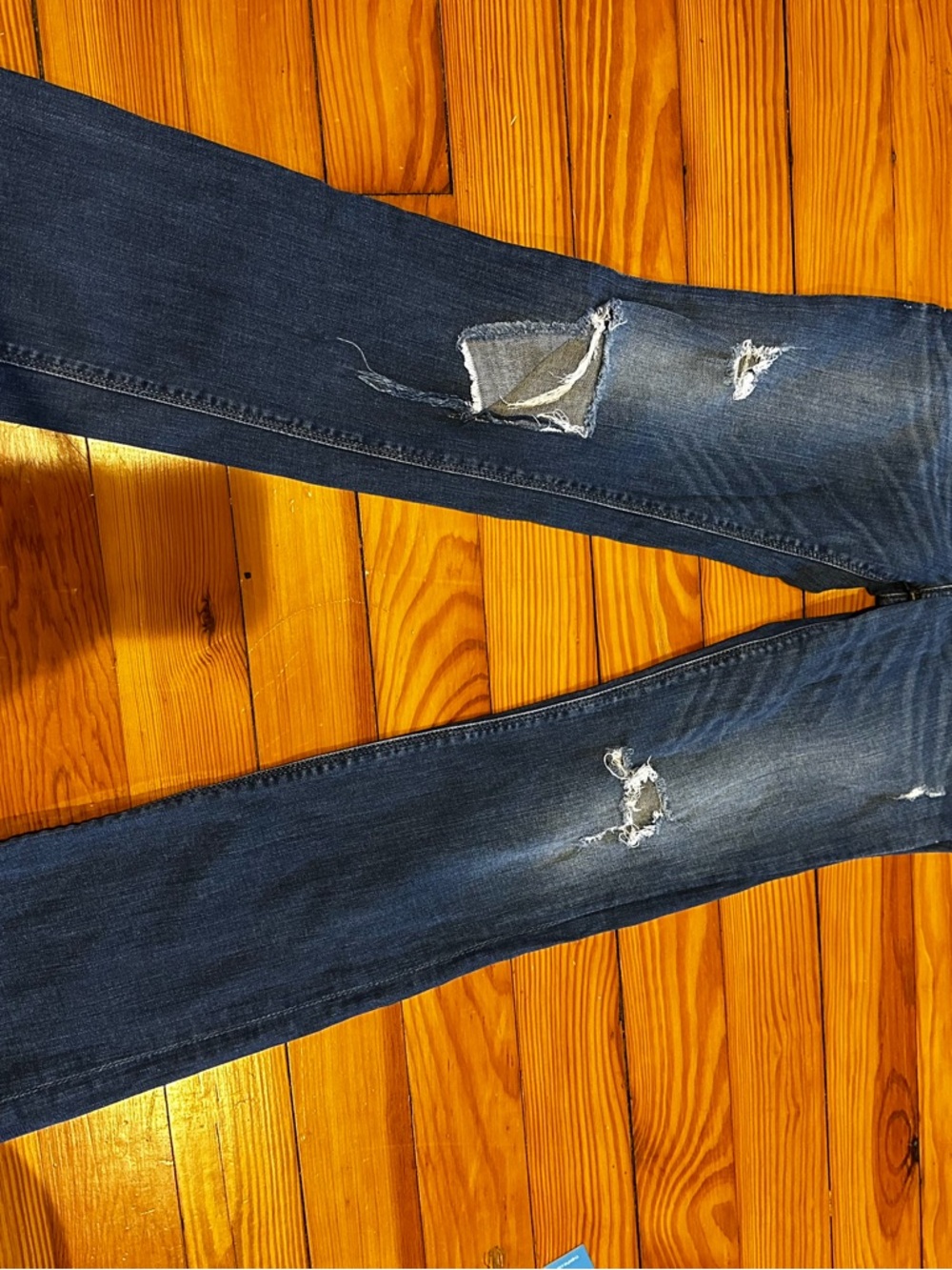 Express Women's Skinny Jeans in Dark Blue Denim with Distressed Knees